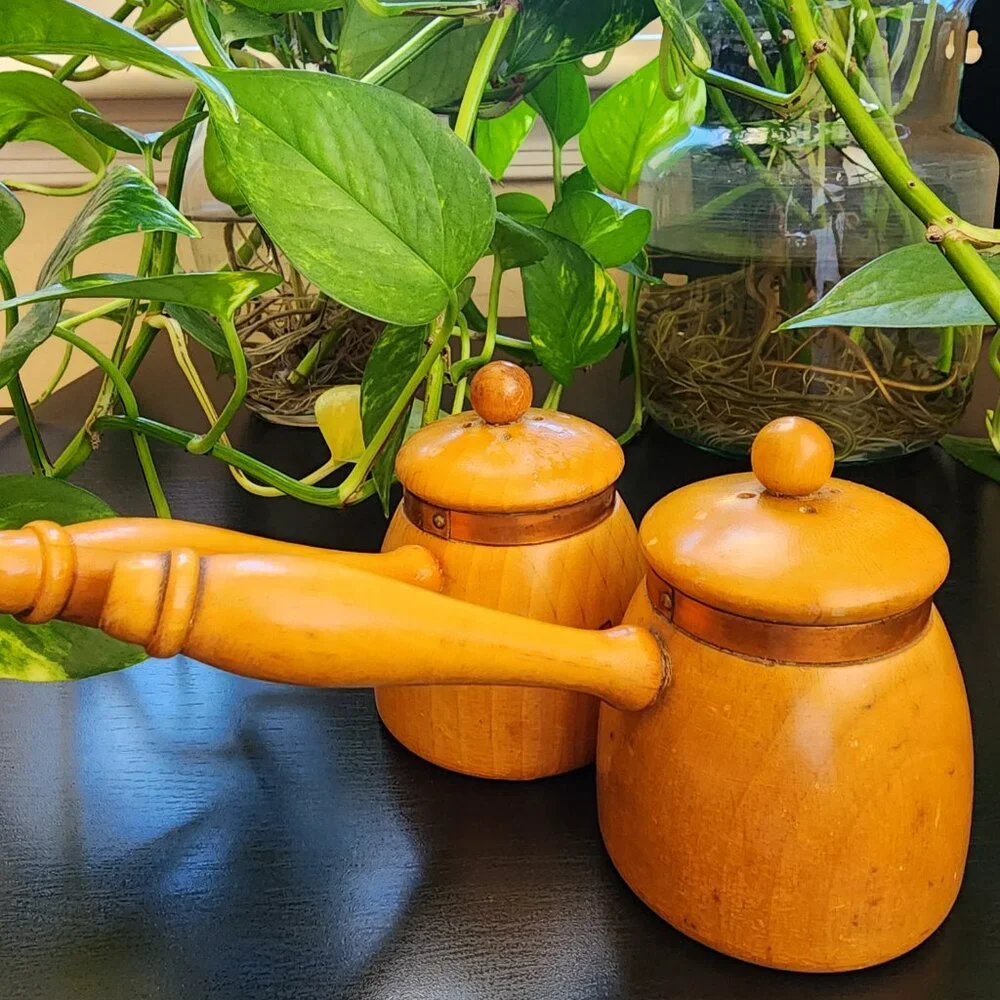 Vintage Salt Pot & Pepper Pot Handled Copper Accent MCM Wood Shakers